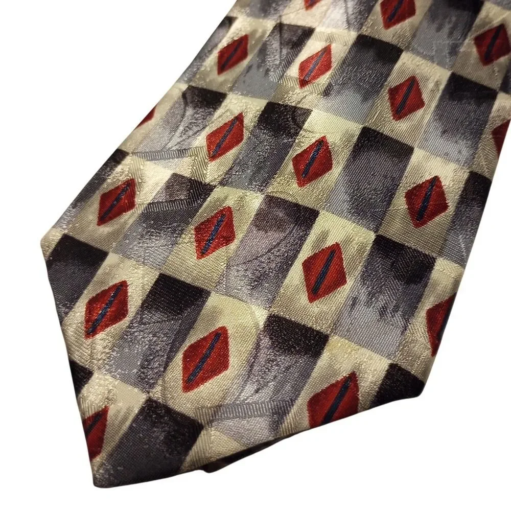 Towncraft Mens Geometric Diamond Checkered Necktie Silver Grey Red Made‎ in USA